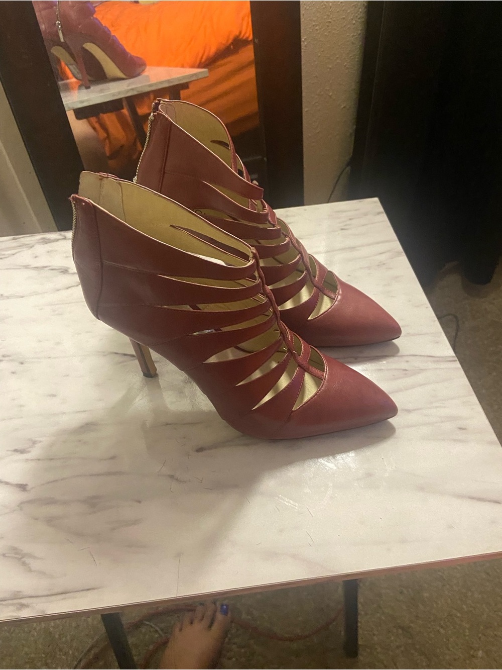 Women's Strappy Pointed-Toe Heeled Booties in Burgundy
